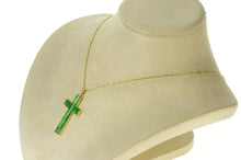 Load image into Gallery viewer, 18K Carved Ornate Jade Cross Christian Faith Pendant Yellow Gold