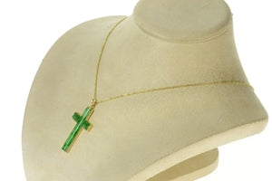 18K Carved Ornate Jade Cross Christian Faith Pendant Yellow Gold