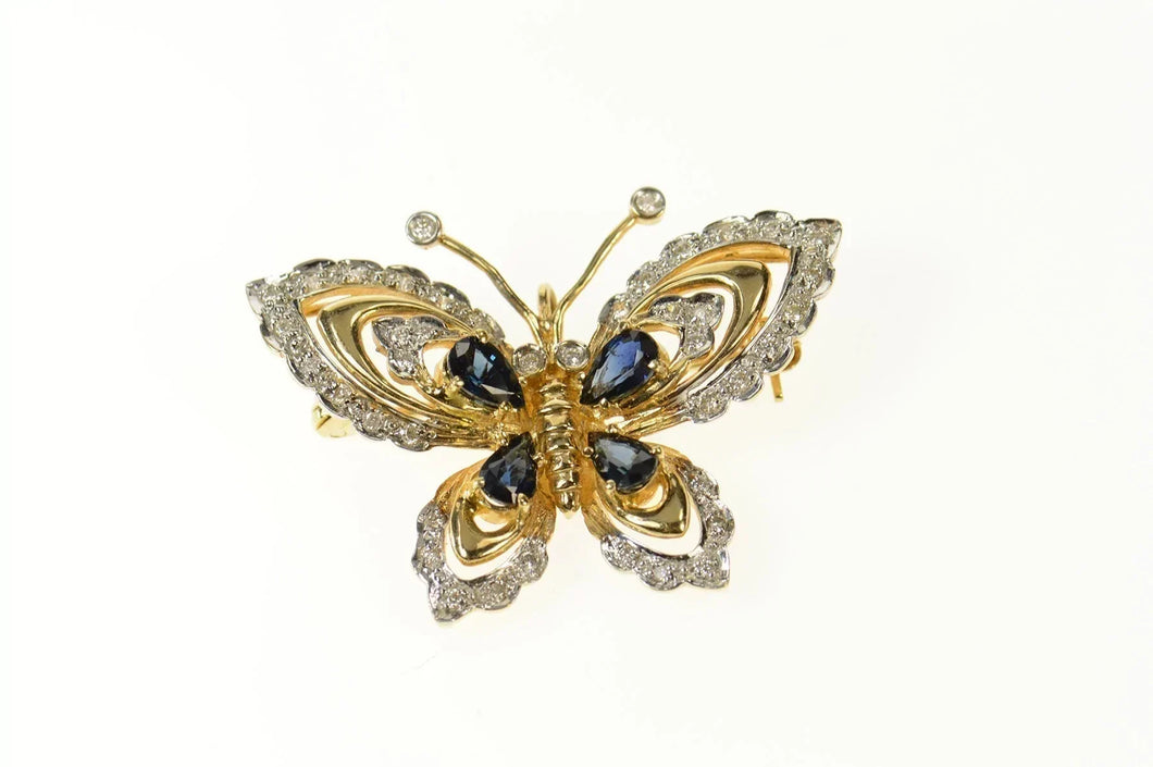 14K Ornate Sapphire Diamond Butterfly Pin/Brooch Yellow Gold