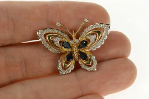14K Ornate Sapphire Diamond Butterfly Pin/Brooch Yellow Gold