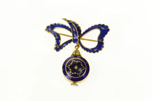 Load image into Gallery viewer, 18K Altair Ornate Victorian Blue Enamel Watch Bow Pin/Brooch Yellow Gold