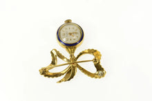 Load image into Gallery viewer, 18K Altair Ornate Victorian Blue Enamel Watch Bow Pin/Brooch Yellow Gold