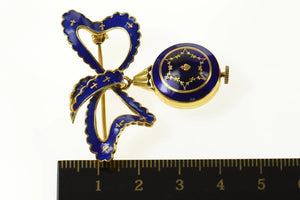 18K Altair Ornate Victorian Blue Enamel Watch Bow Pin/Brooch Yellow Gold