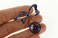 Load image into Gallery viewer, 18K Altair Ornate Victorian Blue Enamel Watch Bow Pin/Brooch Yellow Gold