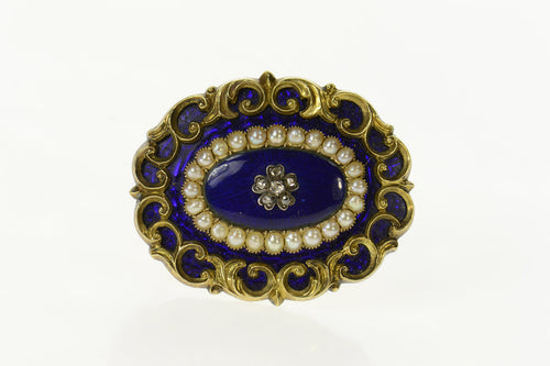 14K Victorian Blue Enamel Diamond Pearl Mourning Pin/Brooch Yellow Gold