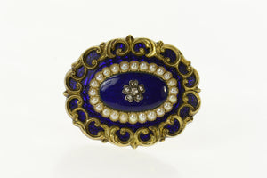 14K Victorian Blue Enamel Diamond Pearl Mourning Pin/Brooch Yellow Gold