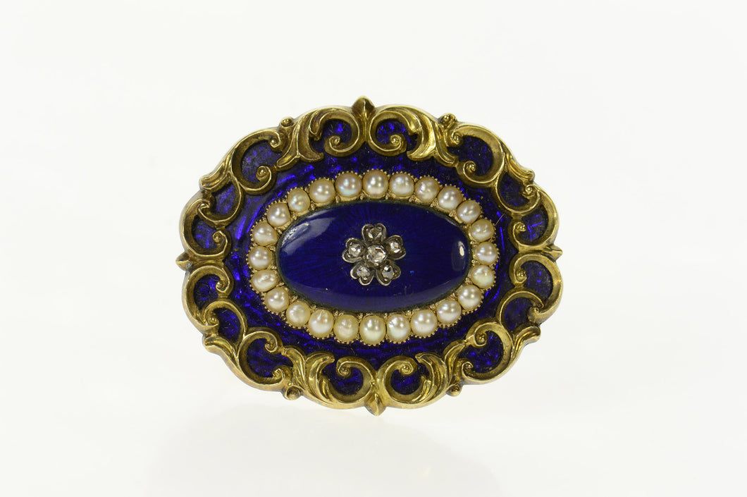 14K Victorian Blue Enamel Diamond Pearl Mourning Pin/Brooch Yellow Gold