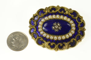 14K Victorian Blue Enamel Diamond Pearl Mourning Pin/Brooch Yellow Gold