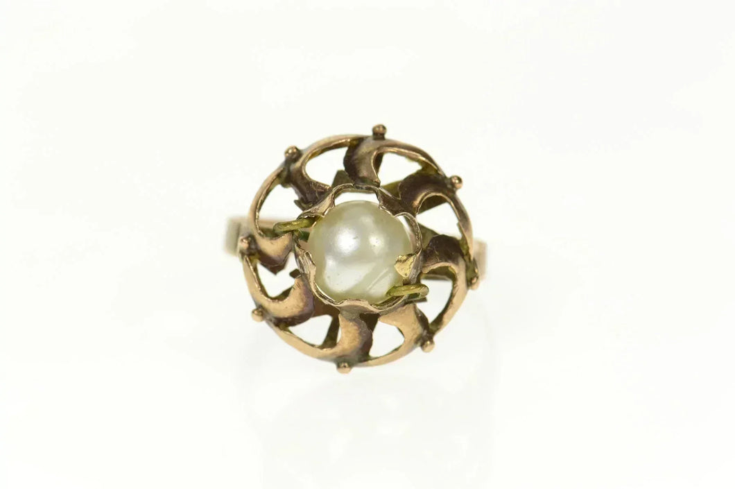 8K Art Nouveau Pearl Floral Swirl Cocktail Ring Size 9.5 Yellow Gold