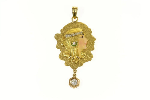 14K Art Nouveau Enamel Lady Etched Elaborate Pendant Yellow Gold