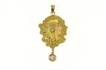 Load image into Gallery viewer, 14K Art Nouveau Enamel Lady Etched Elaborate Pendant Yellow Gold