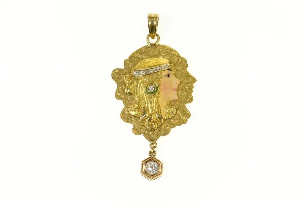 14K Art Nouveau Enamel Lady Etched Elaborate Pendant Yellow Gold