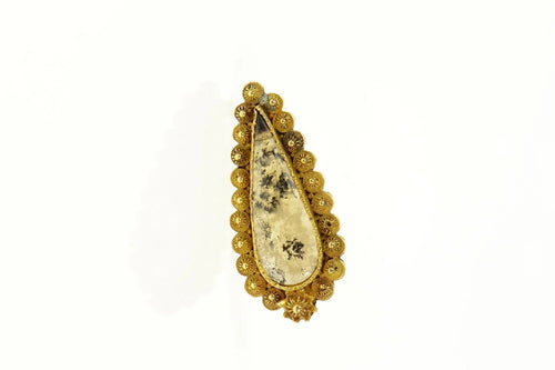 18K Etruscan Revival Dendritic Agate Pear Pin/Brooch Yellow Gold
