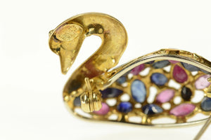 14K Sapphire Ruby Encrusted Swan Statement Pin/Brooch Yellow Gold