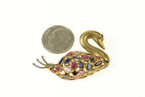 14K Sapphire Ruby Encrusted Swan Statement Pin/Brooch Yellow Gold