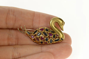 14K Sapphire Ruby Encrusted Swan Statement Pin/Brooch Yellow Gold