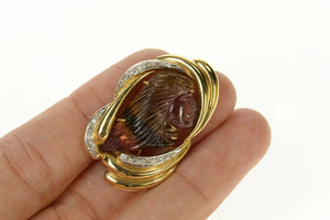 14K Carved Tourmaline Cameo Diamond Swirl Pendant/Pin Yellow Gold