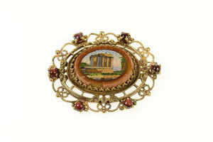 14K Micromosaic Parthenon Goldstone Scalloped Pin/Brooch Yellow Gold