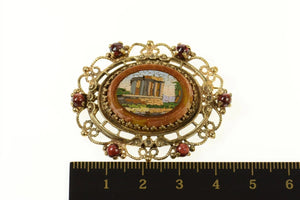 14K Micromosaic Parthenon Goldstone Scalloped Pin/Brooch Yellow Gold