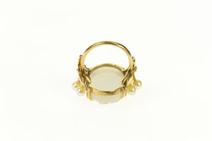 14K Carved Swirl Quartz Retro Pearl Accent Ring Size 3.5 Yellow Gold