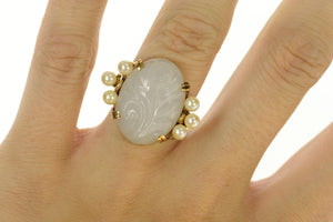 14K Carved Swirl Quartz Retro Pearl Accent Ring Size 3.5 Yellow Gold