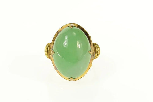 14K Chinese Oval Jade Ornate Statement Cocktail Ring Size 8.25 Yellow Gold