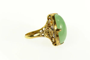 14K Chinese Oval Jade Ornate Statement Cocktail Ring Size 8.25 Yellow Gold