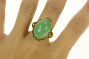 14K Chinese Oval Jade Ornate Statement Cocktail Ring Size 8.25 Yellow Gold
