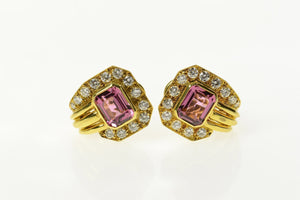 18K 8.00 Ctw Emerald Pink Tourmaline Diamond Earrings Yellow Gold