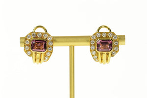 18K 8.00 Ctw Emerald Pink Tourmaline Diamond Earrings Yellow Gold