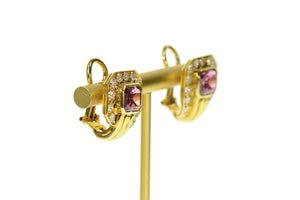 18K 8.00 Ctw Emerald Pink Tourmaline Diamond Earrings Yellow Gold