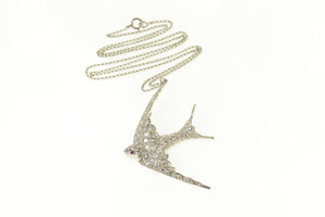 Platinum 3.06 Ctw Pave Diamond Ruby Sparrow Bird Necklace 18.25"