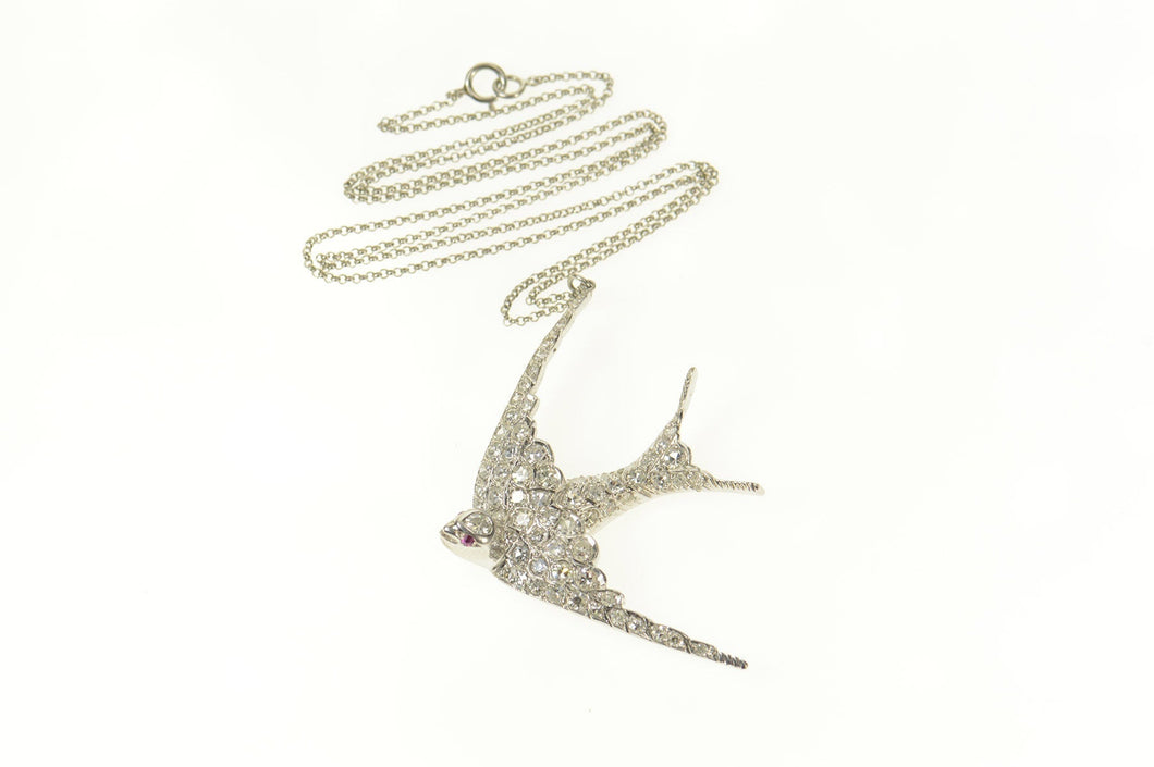 Platinum 3.06 Ctw Pave Diamond Ruby Sparrow Bird Necklace 18.25