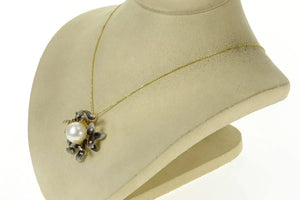 18K JY Designer Pearl Enamel Diamond Flower Pendant Yellow Gold