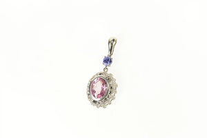 14K Pink & Lilac Sapphire Ornate Diamond Halo Pendant White Gold