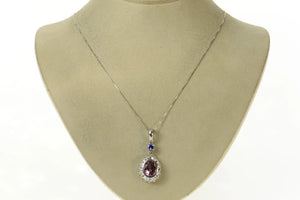 14K Pink & Lilac Sapphire Ornate Diamond Halo Pendant White Gold