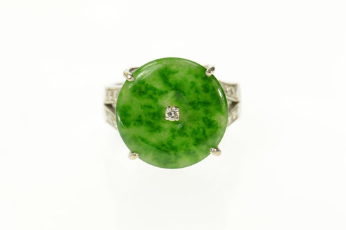 18K Jade Diamond Round Ornate Statement Ring Size 8 White Gold