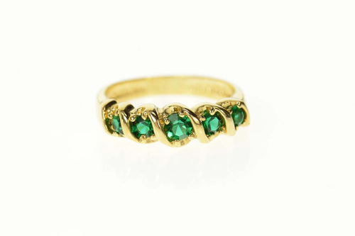 Gold Plated Five Stone Retro Syn. Emerald Band Ring Size 7