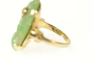14K Ornate Carved Floral Jade Diamond Cocktail Ring Size 3 Yellow Gold