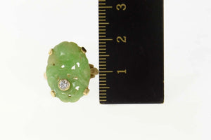 14K Ornate Carved Floral Jade Diamond Cocktail Ring Size 3 Yellow Gold