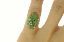 Load image into Gallery viewer, 14K Ornate Carved Floral Jade Diamond Cocktail Ring Size 3 Yellow Gold