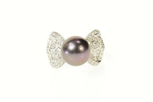 Load image into Gallery viewer, 18K Black Pearl Diamond Ornate Bow Cocktail Ring Size 6.75 White Gold