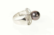 Load image into Gallery viewer, 18K Black Pearl Diamond Ornate Bow Cocktail Ring Size 6.75 White Gold