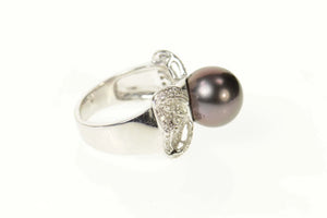 18K Black Pearl Diamond Ornate Bow Cocktail Ring Size 6.75 White Gold