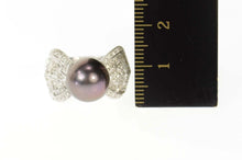 Load image into Gallery viewer, 18K Black Pearl Diamond Ornate Bow Cocktail Ring Size 6.75 White Gold