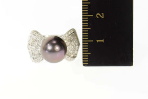 18K Black Pearl Diamond Ornate Bow Cocktail Ring Size 6.75 White Gold