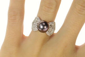 18K Black Pearl Diamond Ornate Bow Cocktail Ring Size 6.75 White Gold