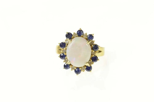 14K Oval Opal Diamond Sapphire Cocktail Ring Size 5.5 Yellow Gold