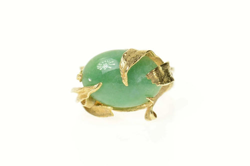 14K Retro Ornate Leaf Design Jade Cocktail Ring Size 9.25 Yellow Gold