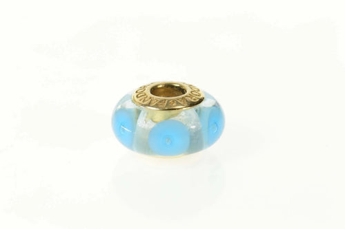 14K Pandora Murano Blue Glass Swirl Designer Charm/Pendant Yellow Gold